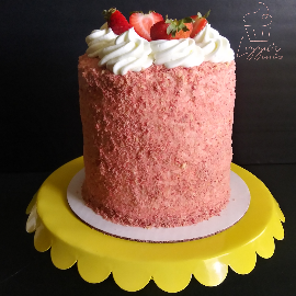 Strawberry Crunch (Vanilla cake filled with strawberry preserves and strawberry crunch mix and layered with cream cheese buttercream and wrapped in a strawberry crunch mix) 