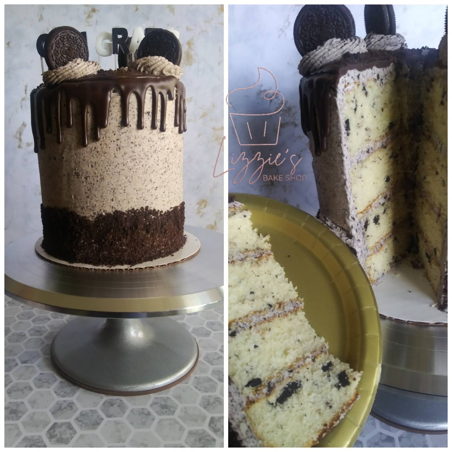 Cookies N’ Crème (Vanilla cake with chopped Oreo cookies layered in Oreo buttercream and chocolate ganache) 